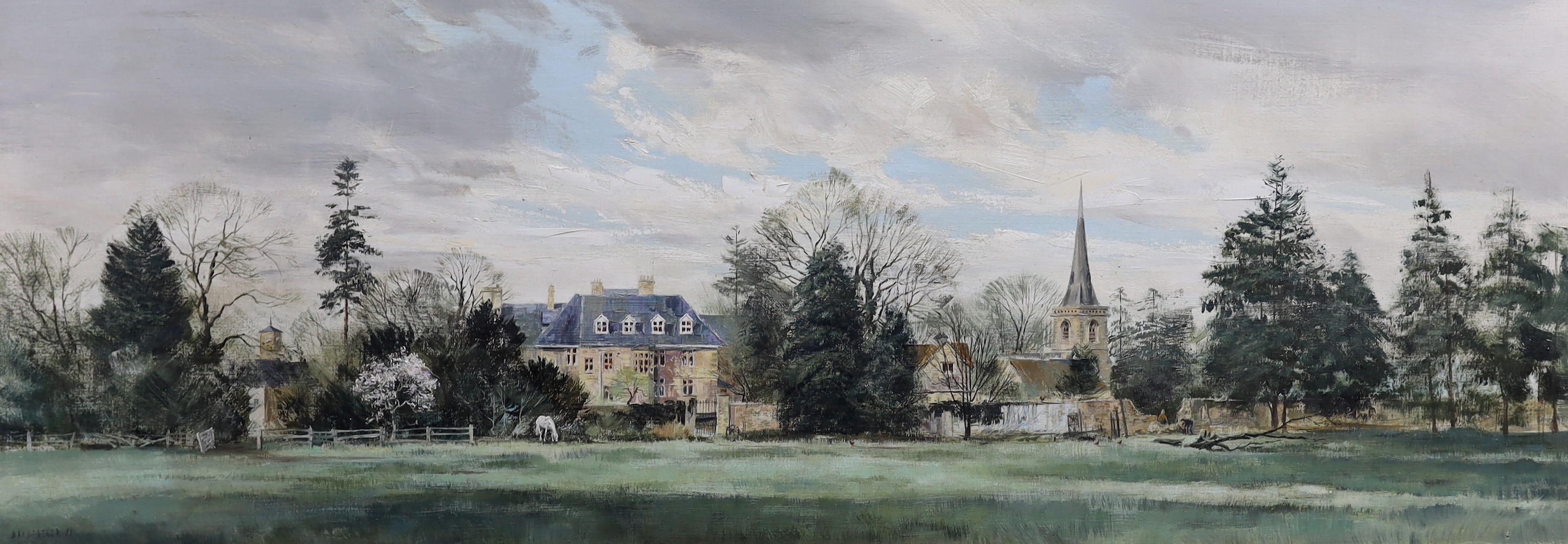 Michael Barnfather (b.1934), oil on canvas, Country house in a landscape, signed and dated '71, 44 x 121cm